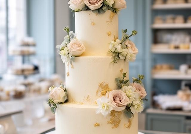 Three-tier wedding cake with white buttercream, fresh flowers and gold detail on a bakery display table
