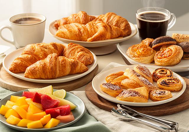 Morning Meeting catering spread with croissants, pastries, fresh fruit and coffee cups