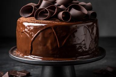 Chocolate celebration cake covered with glossy Belgian chocolate ganache and dark chocolate curls