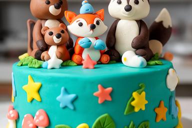 Colourful children's birthday cake with hand-modelled woodland characters and bright piped borders