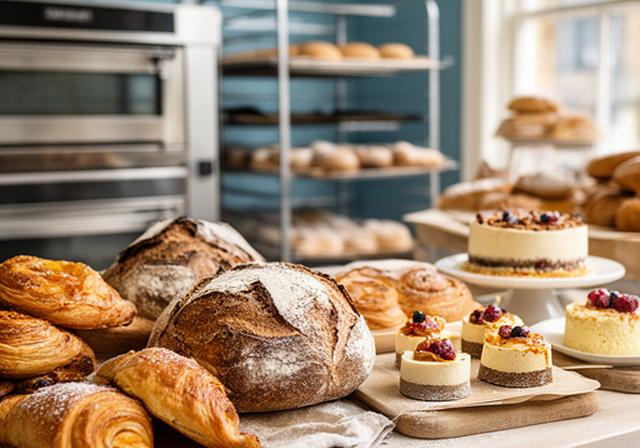 Fresh sourdough, pastries and cakes arranged on a bakery counter in Broxbourne