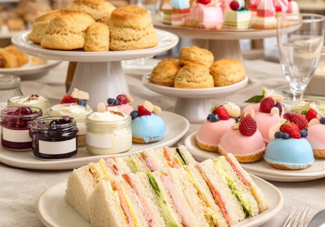 Afternoon Tea catering spread with sandwich platters, scones and decorated mini cakes