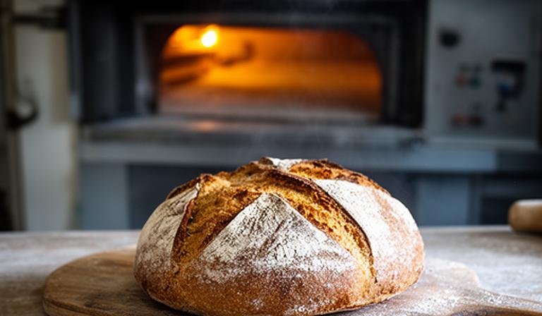 Rustic sourdough loaf on a wooden peel beside a flour-dusted bakery oven