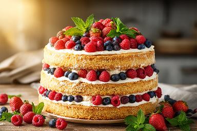 Naked layer cake with seasonal berries, vanilla cream and fresh mint on a wooden bakery counter