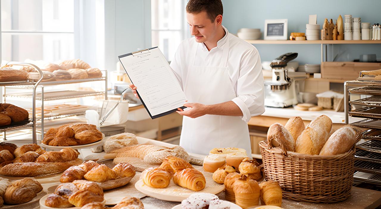 Baker reviewing a printed order beside fresh bread and pastries in a bright Broxbourne bakery