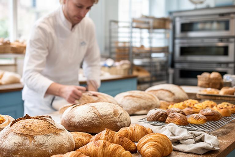 Baker arranging fresh loaves and pastries on a wooden counter in a bright Broxbourne bakery