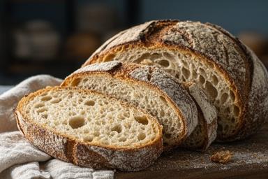 Sliced farmhouse bread with a dark crust on a wooden bakery board
