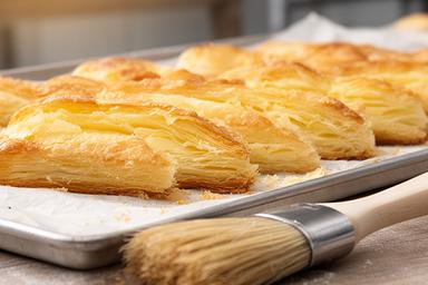 Golden butter pastries arranged on a tray beside a pastry brush