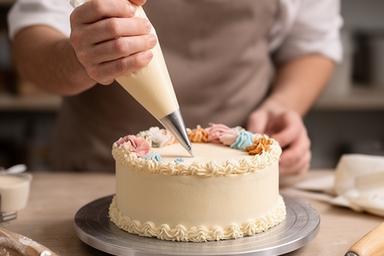 Small decorated celebration cake being finished with a piping bag in the bakery