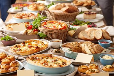 Catering table with savoury bakes and bread prepared for a local gathering