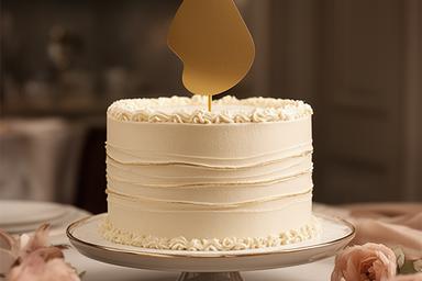 Elegant anniversary cake with smooth ivory buttercream, piped details and a simple gold topper