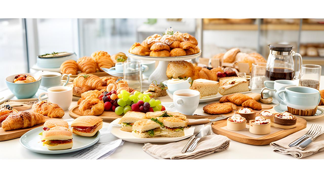 Catering table in a bright bakery with pastries, sandwiches, fruit and coffee ready for an office event