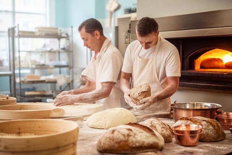 Two bakers shaping sourdough loaves beside a warm oven in a bright Broxbourne bakery